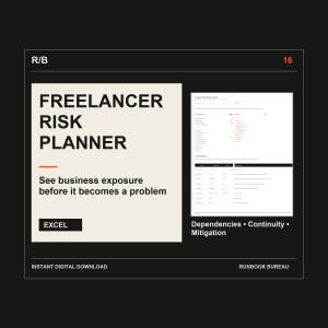 Op de afbeelding: Een digitaal Freelancer Risk Planner sjabloon voor Excel met een zwarte achtergrond en een crèmekleurig tekstvak. Het bevat de titel, de tekst See business exposure before it becomes a problem, een voorbeeld van een risicobeoordelingstabel en de tekst Dependencies, Continuity, Mitigation.