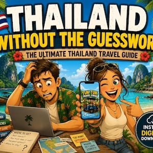 以下が含まれることがあります： THAILAND WITHOUT THE GUESSWORKというタイトルのデジタル旅行ガイド。ノートパソコン、TUK TUK TRAVEL CREWと表示されたスマートフォン、地図、メモを持つ2人のイラストが描かれています。INSTANT DIGITAL DOWNLOADのバッジ付き。
