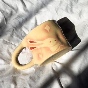 Handmade Ceramic Bunny Mug, Pink Airbrushed Gradient, Wabi Sabi Style Pottery