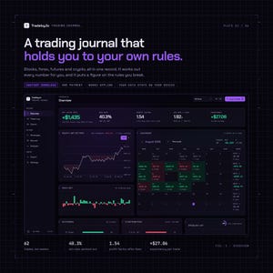 May include: A digital trading journal interface with a dark theme, featuring a dashboard overview with performance metrics, a line graph for equity, a monthly calendar with color-coded trade results, and text reading A trading journal that holds you to your own rules.
