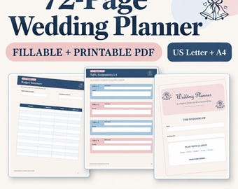 Puede incluir: Un planificador de bodas de 72 páginas en formato PDF rellenable e imprimible, disponible en tamaños US Letter y A4. El documento incluye páginas para resúmenes de presupuesto, asignación de mesas y una portada con detalles de la boda.