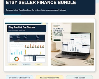 Puede incluir: Paquete financiero para vendedores de Etsy con dos sistemas Excel para pedidos, tarifas, gastos y kilometraje. Incluye un panel de control Etsy Profit & Fee Tracker con gráficos y un Business Expense + Mileage Tracker en una pantalla.