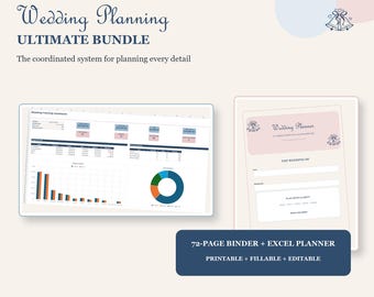 Puede incluir: Un paquete digital de planificación de bodas que incluye una carpeta de 72 páginas imprimible, rellenable y editable junto con una hoja de cálculo de Excel. El diseño incluye gráficos, un diagrama circular y una portada con iconos.