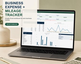 Puede incluir: Una pantalla de portátil que muestra un libro de Excel para el seguimiento de gastos empresariales y kilometraje. La interfaz presenta datos financieros, gráficos de líneas y de barras. El texto indica BRIGHTSIDEWORKS, BUSINESS EXPENSE + MILEAGE TRACKER, Simple Excel workbook for solo business owners e INSTANT DOWNLOAD.