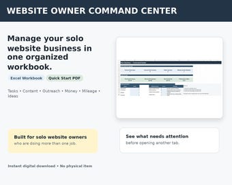 Puede incluir: Un libro de trabajo digital titulado Website Owner Command Center para gestionar negocios de sitios web en solitario. Incluye un libro de Excel y un PDF de inicio rápido para realizar un seguimiento de tareas, contenido, alcance, dinero, kilometraje e ideas.