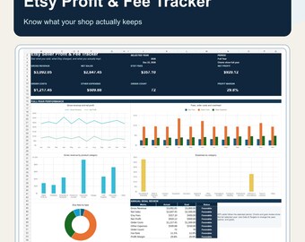 Puede incluir: Una interfaz de hoja de cálculo Etsy Profit & Fee Tracker con un encabezado azul oscuro y texto en blanco. El panel muestra métricas financieras, incluidos los ingresos brutos, las ventas netas, las tarifas de Etsy y el beneficio neto.