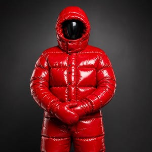 Glänsande röd nylonpufferoverall med huva och handskar, quiltad unisex ytterkläder för kallt väder.