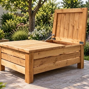 May include: A rectangular wooden storage chest with a natural light brown finish, featuring horizontal slat sides and a hinged lid that is propped open with a metal support arm, revealing an interior storage compartment.