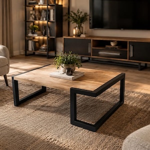 Peut inclure: Une table basse carrée avec un plateau en bois clair et un cadre en métal noir présentant un design géométrique ouvert sur les côtés. La table est placée dans un salon avec des fauteuils beiges texturés et un tapis tissé.