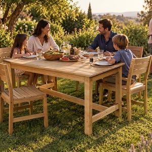 Puede incluir: Una mesa de comedor rectangular de madera de color marrón claro con cuatro sillas de listones a juego, colocada al aire libre sobre un césped. La superficie de la mesa presenta tablones horizontales y un marco resistente.