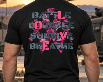 Men's Breast Cancer Awareness Shirt, Battle Courage Survive Breathe Tee, Military Style Pink Ribbon Shirt, Cancer Support Gift