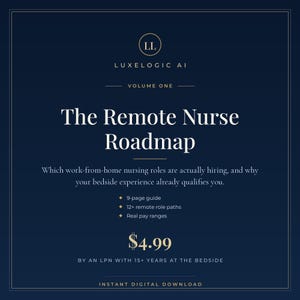 May include: A dark blue digital guide titled The Remote Nurse Roadmap by Luxelogic AI, Volume One. It features a 9-page guide, 12+ remote role paths, and real pay ranges. The text includes information about work-from-home nursing roles and bedside experience.