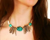 Turquoise & Coconut Boho Chic Statement Necklace - Gemstone Wood and Bone Beaded Eco Choker