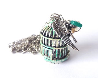 CLEARANCE OOAK Shabby Chic Romantic Birdcage Necklace - Vintage Inspired Patina Antique Silver - Key, Wing & Nature Trinkets