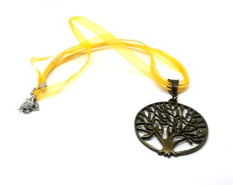 Tree of Life Necklace (Yellow) - Antique Brass Tree Pendant in Yellow Organza and Cotton Cord - Nature Spring Vintage Woodland Jewelry