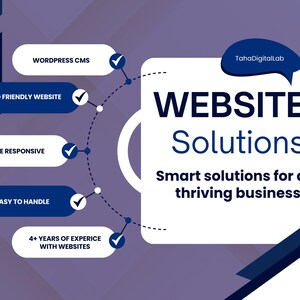 May include: A purple graphic advertisement for TahaDigitalLab featuring the text Website Solutions and Smart solutions for a thriving business. A list of features includes WordPress CMS, SEO friendly website, mobile responsive, easy to handle, and 4+ years of experience with websites.