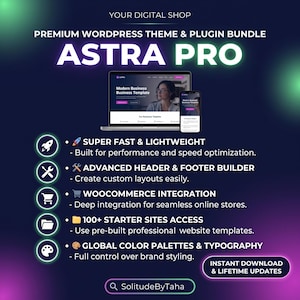 Puede incluir: Un anuncio digital para el paquete de temas y plugins de WordPress Astra Pro. Muestra una computadora portátil y un teléfono inteligente con una plantilla de sitio web empresarial, junto con una lista de características como velocidad y plantillas.