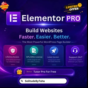 May include: A digital graphic for Elementor PRO featuring a deep purple background with glowing light effects. Text includes Elementor PRO, Build Websites Faster. Easier. Better., Lifetime Access, GPL/GNU License, Latest Version, Support 24/7, and Bonus: Tutor Pro For Free.