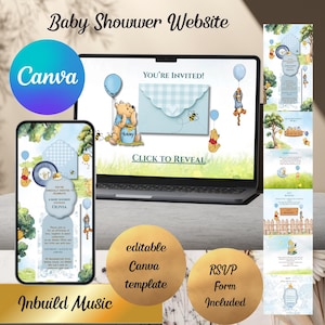 Könnte beinhalten: Eine digitale Babyparty-Einladungsvorlage mit Winnie Puuh-Figuren, blauen Luftballons und einem karierten Umschlag. Das Design enthält Text wie You're Invited, Click to Reveal und Inbuild Music, dargestellt auf einem Laptop- und Smartphone-Bildschirm.