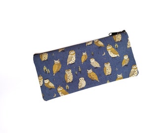 Owls pencil case, small pencil pouch, owls zipper pouch, blue purse, blue pencil case - Owls