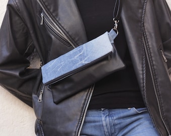 Upcycled Denim Fanny Pack, Vegan Leather Bum Bag, Convertible Shoulder Bag