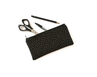 Black pencil case, polka dots pencil pouch,black zipper pouch, vegan pencil case, black vegan pencil case - Martha