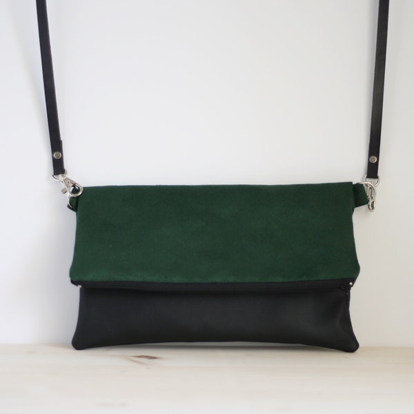 Green and black bag, green purse, dark green handbag, green crossbody bag, green foldover bag, green clutch bag, green bag  - Forest