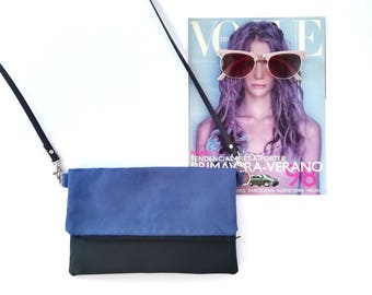 Blue crossbody bag, faux suede handbag, blue crossbody clutch, blue foldover bag, blue clutch bag, blue bag - Night