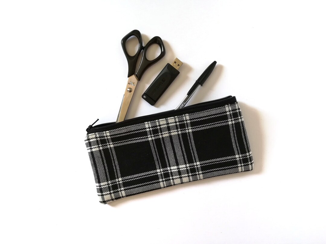 Plaid Pencil Case, School Supplies, Black Checkered Pouch, Black Pencil