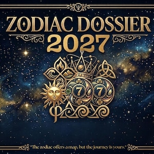 May include: A rectangular graphic titled ZODIAC DOSSIER 2027 featuring a starry night sky background. The center displays gold emblems including a sun face, crowns, and the number 7 within circular frames. The text reads The zodiac offers a map, but the journey is yours.