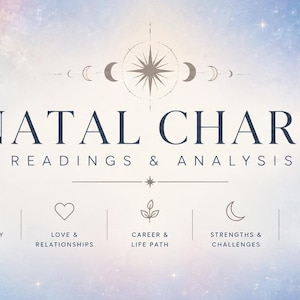 May include: A digital graphic featuring a celestial background with a zodiac wheel on the left and a moon on the right. The text reads NATAL CHART READINGS & ANALYSIS, with icons for personality, love, career, strengths, and transits listed below.