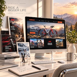 May include: A computer monitor displays the Aebiker website featuring a red and white road bike. Surrounding items include branded books, a glass with pens, a clear acrylic block with the text Aebiker Ride A Bigger Life, and a metal mug.