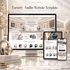 以下が含まれることがあります： AURALUXEという名称の高級オーディオウェブサイトテンプレートのデジタル表示。デスクトップモニター、タブレット、スマートフォンにヘッドフォンの製品ページが表示されています。インターフェースには「Experience A More Beautiful Sound」などのテキストが含まれています。