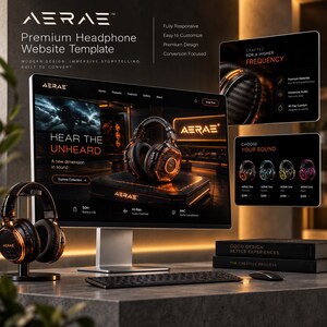 Könnte beinhalten: Ein Computermonitor zeigt die AERAE Premium-Kopfhörer-Website-Vorlage, mit einem Paar schwarzer und orangefarbener Kopfhörer auf einem Ständer im Vordergrund, einer schwarzen Tastatur, einer Maus und zwei Büchern mit dem Titel Good Design Better Experiences.