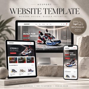 Può includere: Un modello di sito web per un marchio di scarpe da ginnastica chiamato AESPORT, visualizzato su un monitor desktop, un tablet e uno smartphone. Gli schermi mostrano pagine di prodotti con immagini di scarpe sportive e il testo BUILT FOR NEXT MOVES.