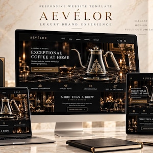 May include: A responsive website template titled AEVÉLOR Luxury Brand Experience displayed on a desktop monitor, laptop, tablet, and smartphone. The interface features a black and gold color scheme with a coffee kettle graphic and text.