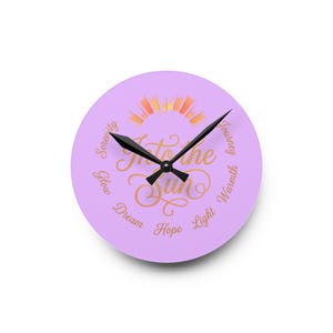 Into the Sun script typography Acrylic Wall Clock pastel purple sunburst