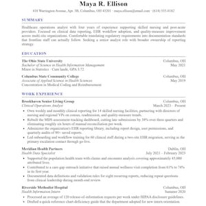 May include: A professional resume for Maya R. Ellison, a healthcare operations analyst. The document includes contact information, a professional summary, education details from The Ohio State University and Columbus State Community College, work experience at Brookhaven Senior Living Group, Meridian Health Partners, and Riverside Methodist Hospital, and volunteer experience at the Mid-Ohio Food Collective.