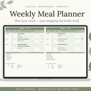Foglio di calcolo per la pianificazione settimanale dei pasti, modello per Excel e Fogli Google, lista della spesa automatica, organizzatore di ricette, pianificatore digitale per la preparazione dei pasti.