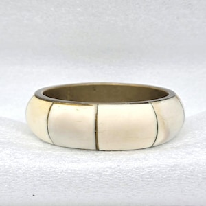 Vintage Bone Inlay Brass Bangle Bracelet, Wide Segmented Boho Statement Jewelry, Chunky Cream Ivory Tone Bracelet measures 8.75