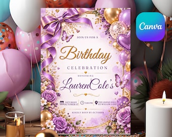 Puede incluir: Una tarjeta de invitación de cumpleaños rectangular con un gran lazo morado, detalles dorados, rosas moradas y mariposas. El texto dice: JOIN US FOR A Birthday CELEBRATION HONORING LaurenCole's SATURDAY OCTOBER 17 7:00 PM THE GRAND HALL 123 WILLOW LANE.