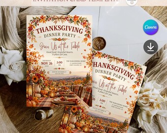 Puede incluir: Una plantilla de tarjeta de invitación para una cena de Acción de Gracias con un borde otoñal festivo de hojas, calabazas y un lazo. El texto dice: Thanksgiving Dinner Party, Join Us at the Table, Good food. Grateful hearts.
