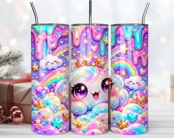 Diseño PNG para vaso térmico de cumpleaños Kawaii Candy Cloud Galaxy, diseño delgado de sublimación en tonos pastel de 20 oz.