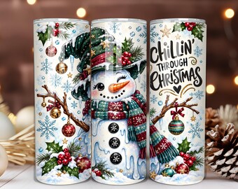 Diseño PNG de vaso térmico "Relajándose en Navidad con muñeco de nieve", diseño de vaso térmico delgado de 20 oz para invierno acogedor, sublimación navideña.