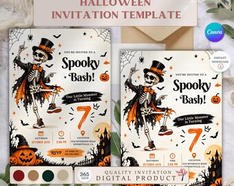 Puede incluir: Una plantilla de invitación de Halloween con un esqueleto bailando que lleva un sombrero de copa, gafas de sol y una pajarita naranja. El diseño incluye un gran número 7 naranja, una casa encantada, calabazas, murciélagos y telarañas con el texto Spooky Bash.