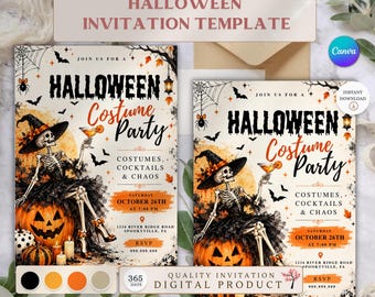 Puede incluir: Una plantilla de invitación para fiesta de disfraces de Halloween con un esqueleto con sombrero de bruja y vestido negro sentado sobre una calabaza. El texto dice Join Us For A Halloween Costume Party, Costumes, Cocktails & Chaos, October 26th.