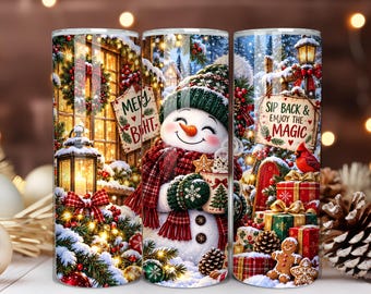Vaso térmico navideño con diseño de muñeco de nieve acogedor (PNG), diseño de vaso térmico delgado de 20 oz para invierno, envoltura para sublimación navideña.