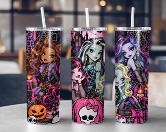 Diseño PNG de vaso térmico de Halloween con temática de chicas monstruo glamurosas, vaso térmico delgado de 20 oz con diseño glamuroso y espeluznante, diseño de sublimación de Halloween para chicas.