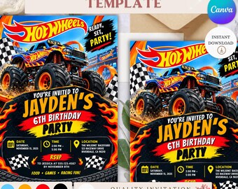 Invitación de cumpleaños de Hot Wheels, invitación para fiesta de autos de carreras, plantilla de cumpleaños infantil editable de 5x7
