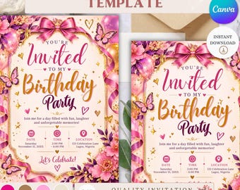 Maqueta de invitación de cumpleaños con mariposas florales glamorosas, elegante diseño de invitación floral, plantilla de cumpleaños de mariposas de lujo